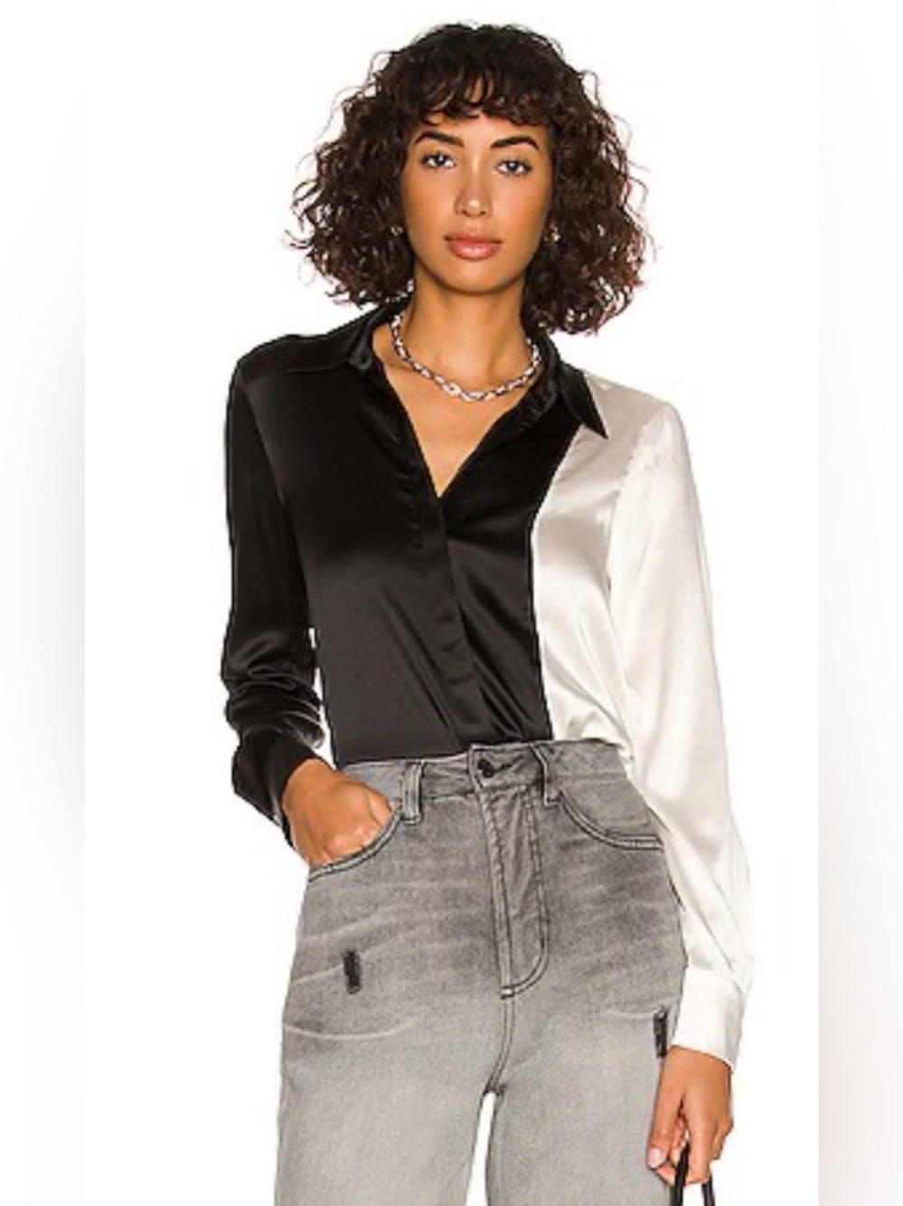 Alice + Olivia Willa Color Block Black & Off White Silk Button-Down Shirt Medium
